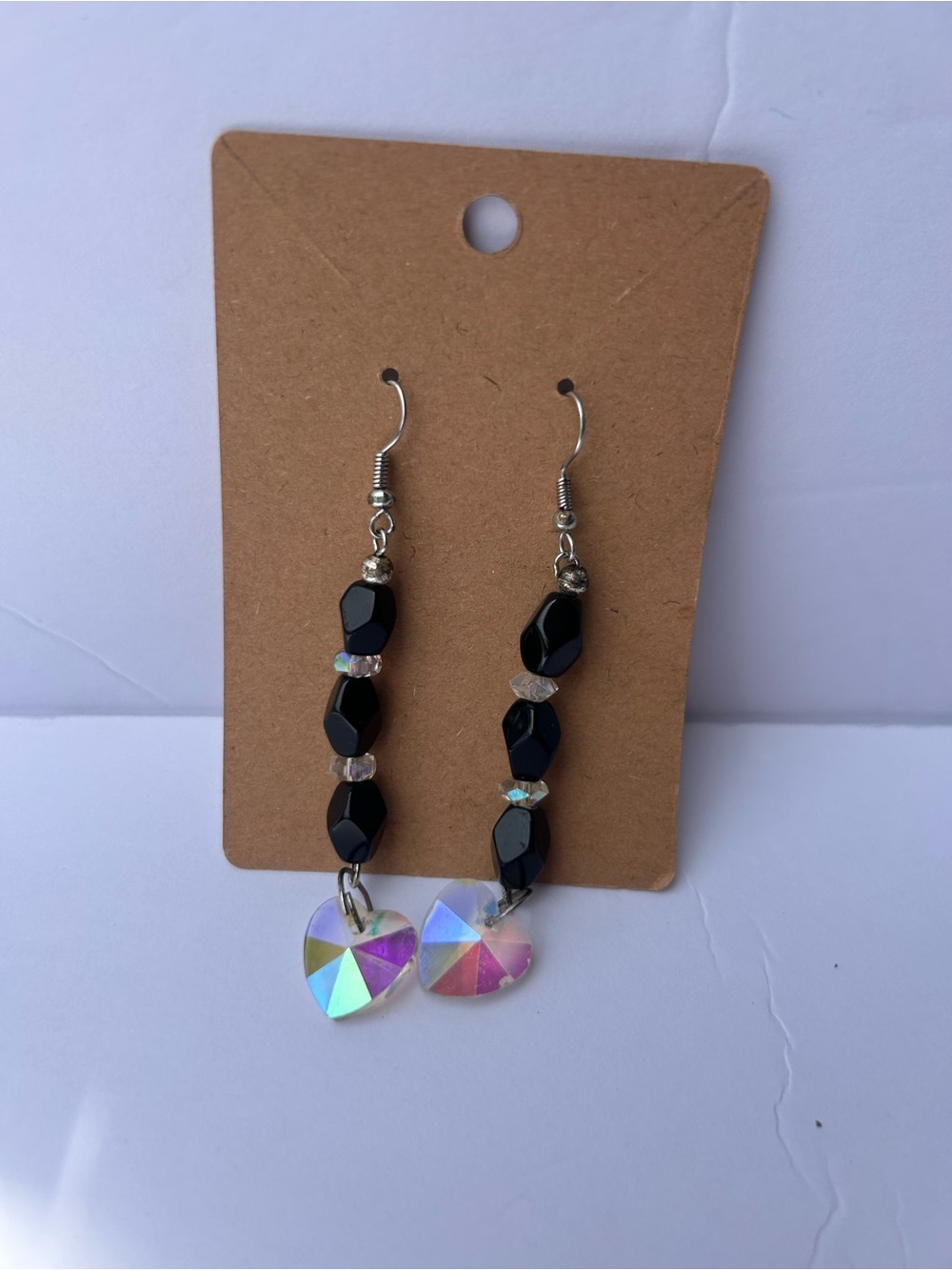Black Bead Drop Earrings with Iridescent Heart Charms
